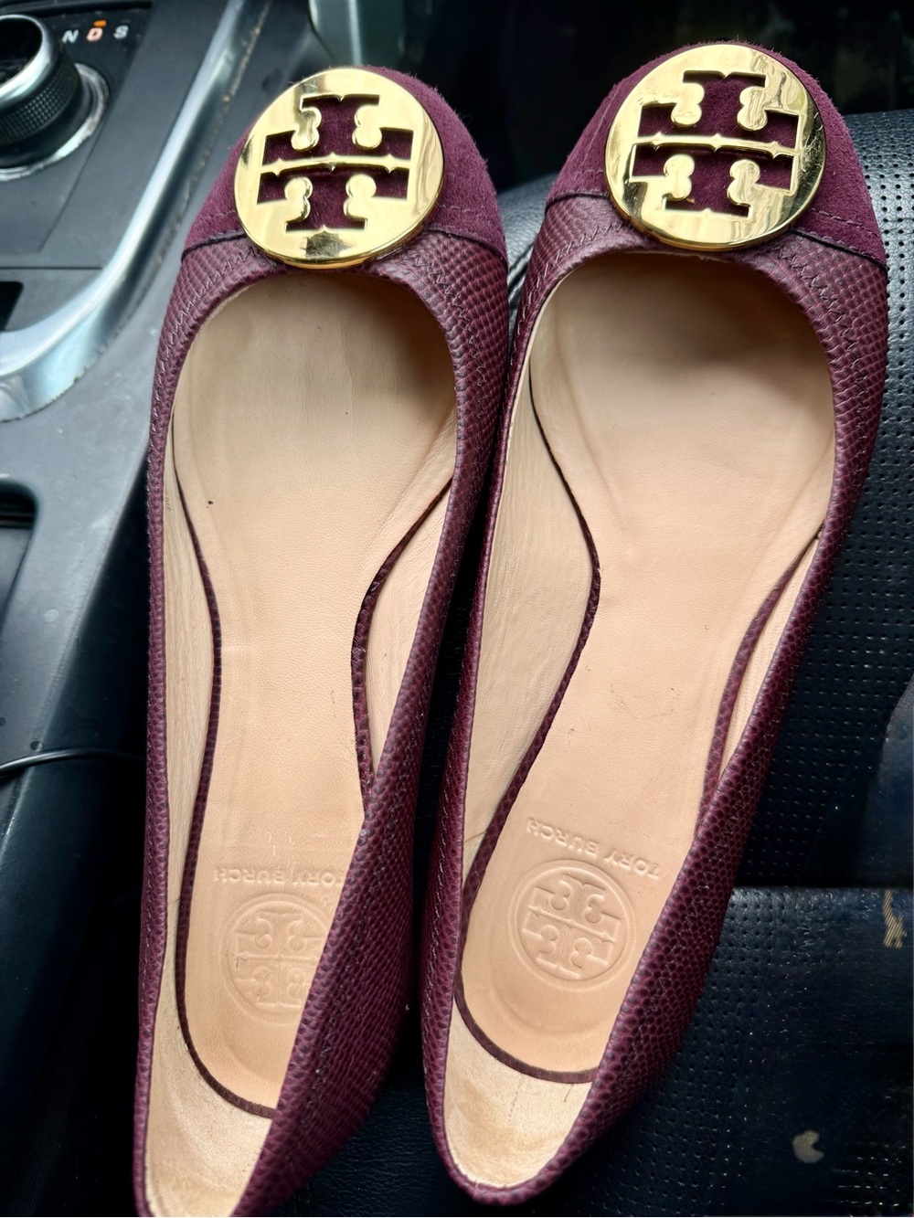 Tory Burch Burgundy Leather Logo Round-Toe Ballet Flats